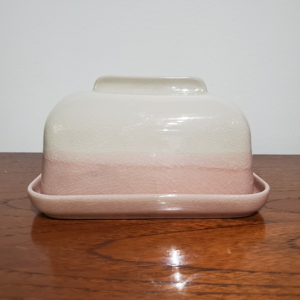 CIROA PINK/WHITE‎ CRACKLE STONEWARE LARGE COVERED BUTTER OR CHEESE DISH